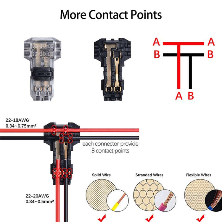 5PCS Peel-free Quick Connector Two-core T-type 2-wire Stripping Terminal Block, Random Color Deli...