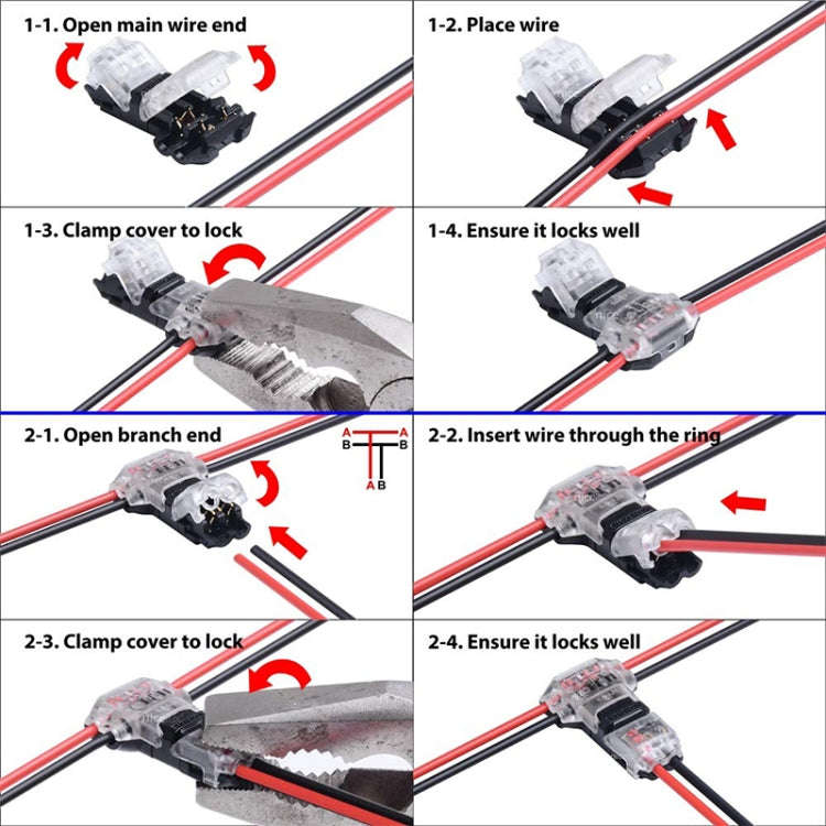 5PCS Peel-free Quick Connector Two-core T-type 2-wire Stripping Terminal Block, Random Color Deli...