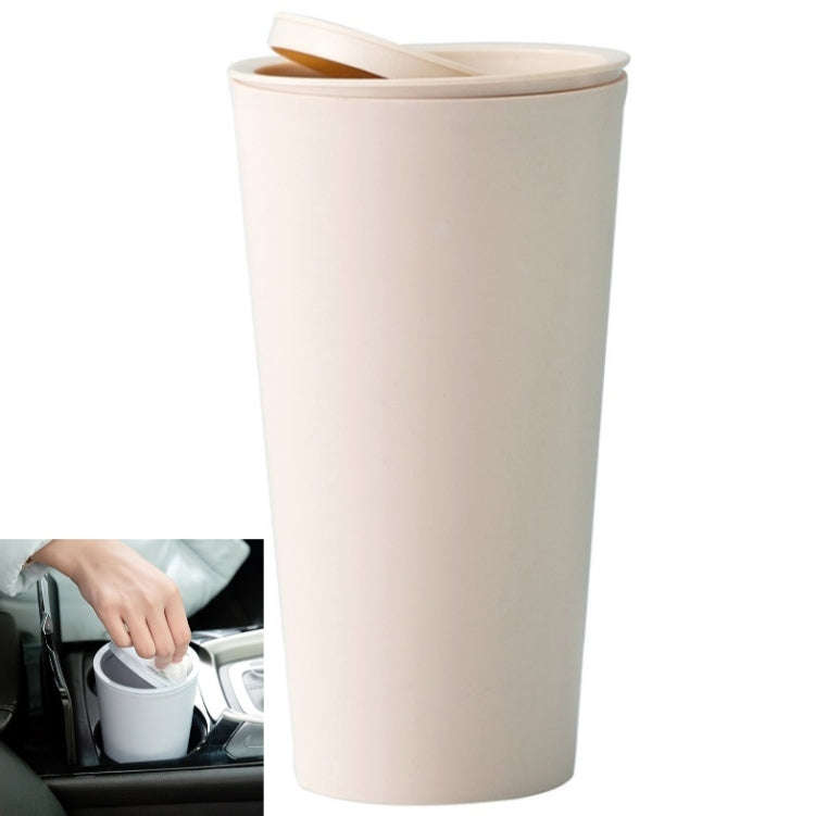 Desktop Plastic Rocker Cover Car Storage Round Barrel Car Tissue Trash Can(Khaki)