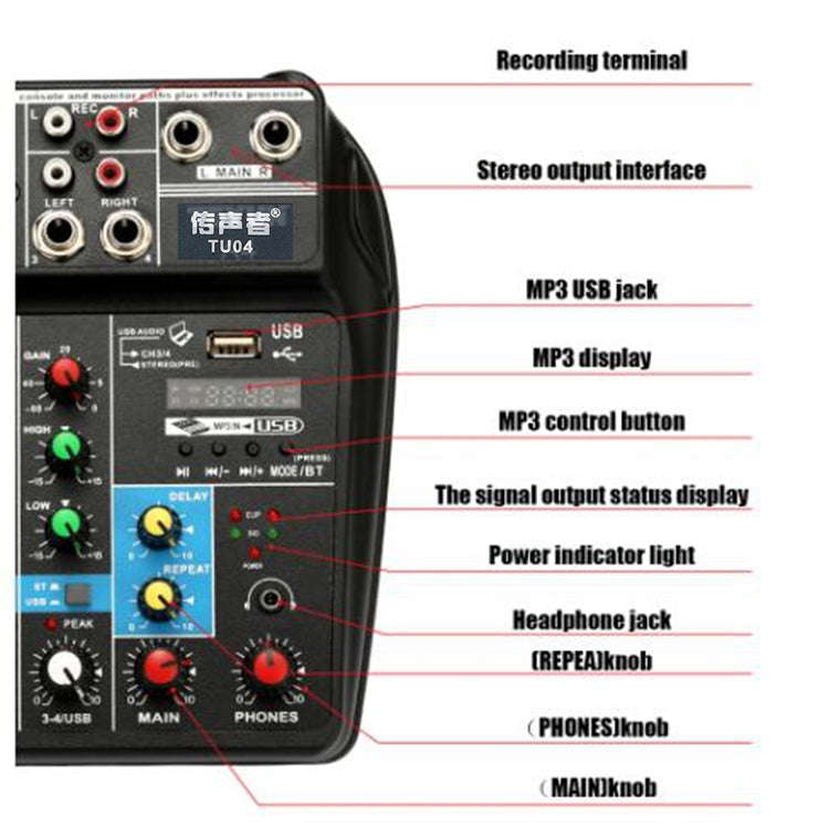 TU04 BT Sound Mixing Console Record 48V Phantom Power Monitor AUX Paths Plus Effects 4 Channels A...