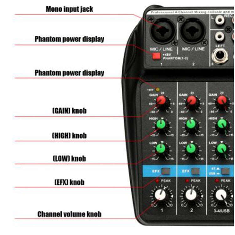 TU04 BT Sound Mixing Console Record 48V Phantom Power Monitor AUX Paths Plus Effects 4 Channels A...