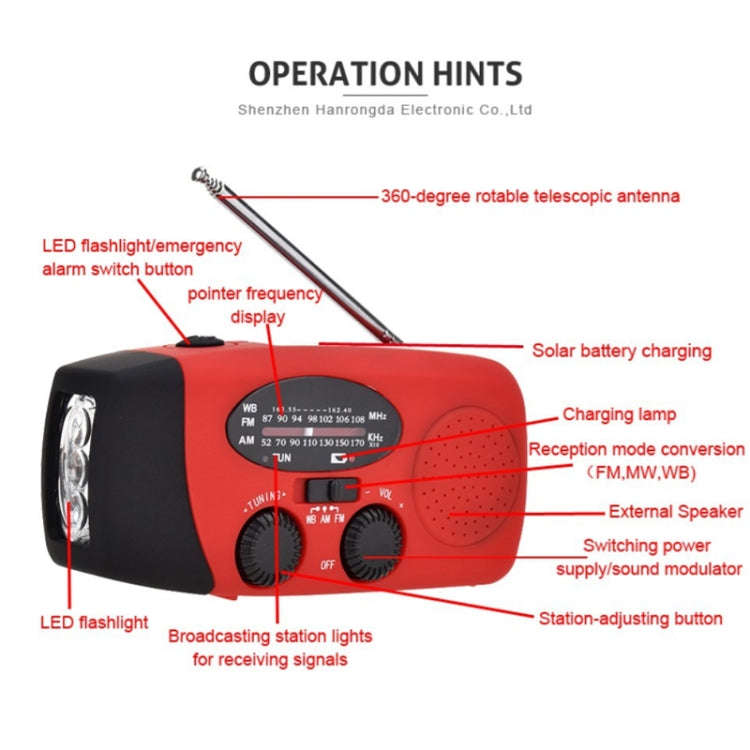 HRD-902 Multifunctional Hand Crank Solar Power LED Flashlight Emergency  Alarm FM Radio