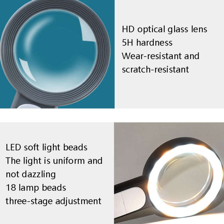30 Times 18 LED Cool Warm Light HD Elderly Reading Repair Glass Magnifier(Gray White)