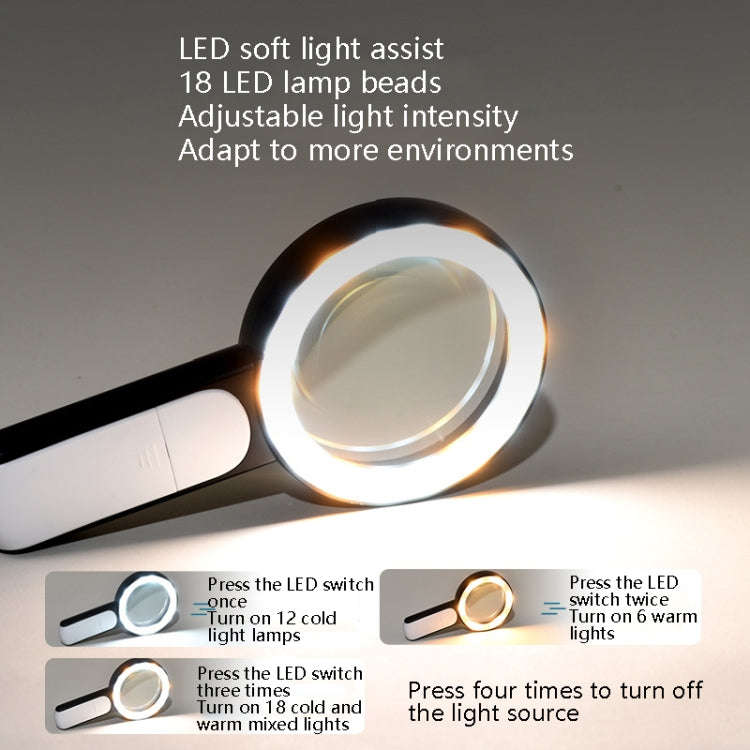 30 Times 18 LED Cool Warm Light HD Elderly Reading Repair Glass Magnifier(Gray White)