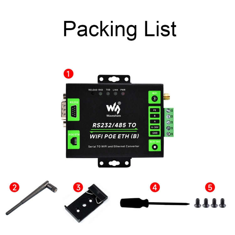 Waveshare Industrial Grade Serial Server RS232/485 to WiFi / Ethernet RJ45 Network Port with POE ...
