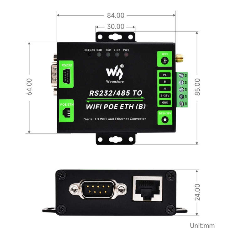 Waveshare Industrial Grade Serial Server RS232/485 to WiFi / Ethernet RJ45 Network Port