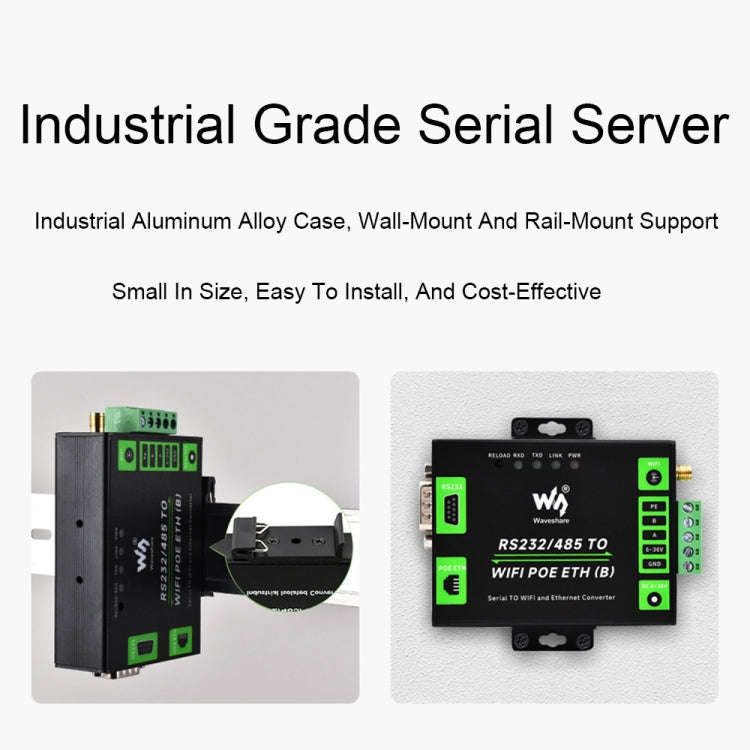 Waveshare Industrial Grade Serial Server RS232/485 to WiFi / Ethernet RJ45 Network Port with POE ...