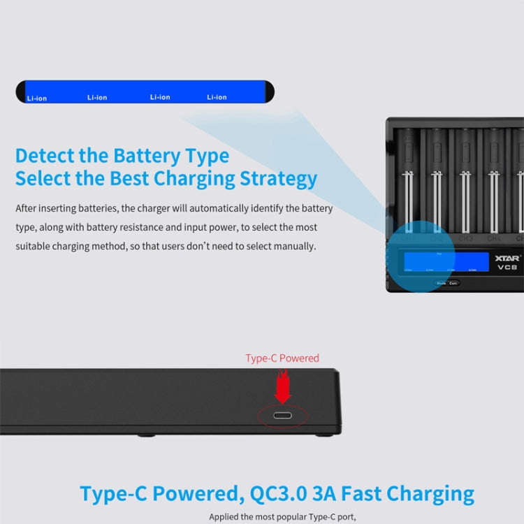 XTAR 8-Slot Battery Charger LCD Display Charger QC3.0 Type C Fast Charger for 21700 / 18650 Batte...