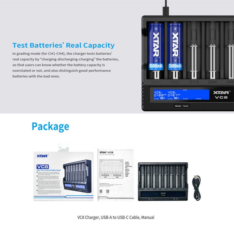 XTAR 8-Slot Battery Charger LCD Display Charger QC3.0 Type C Fast Charger for 21700 / 18650 Batte...