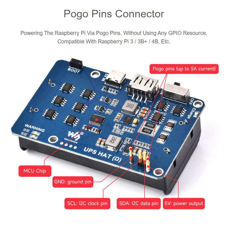 Waveshare 25567 For Raspberry Pi UPS HAT (D), Pogo Pins Connector , Without Battery