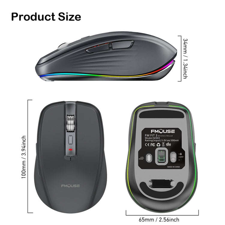 Fmouse M303 2400DPI Bluetooth&2.4G Dual Modes Rechargeable RGB Mouse(Gray)