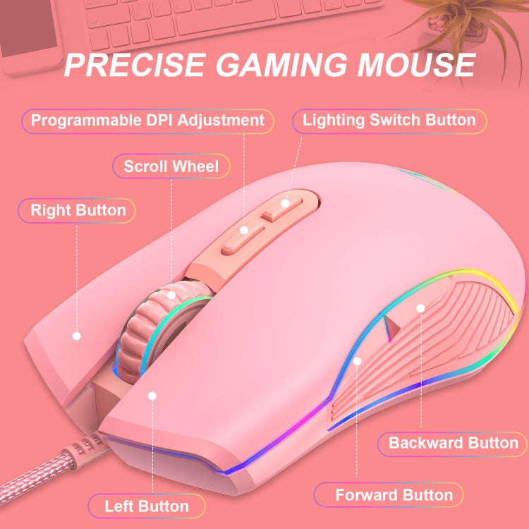 E32  7 Keys 3200 DPI Pink Girls RGB Glowing Wired Mouse Gaming Mouse, Interface: Type-C