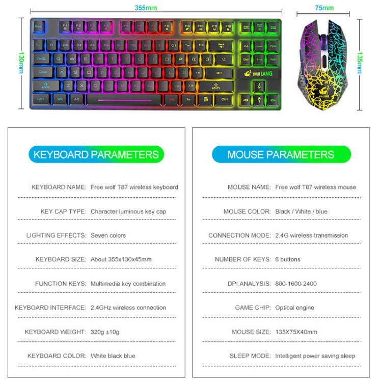 ZIYOU LANG T87 Gaming Luminous Wireless Keyboard and Mouse Set(White)