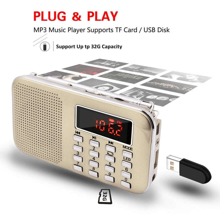 L-218AM  MP3 Radio Speaker Player Support TF Card USB with LED Flashlight Function(Gold)