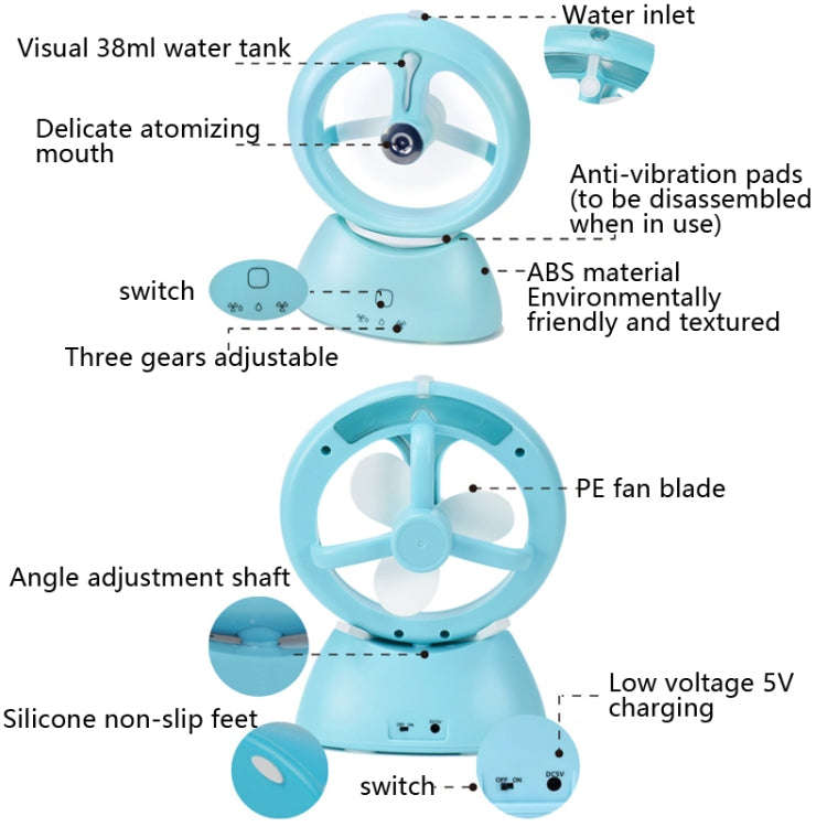 Mini USB Rechargeable Spray Fan Student Dormitory Office Desktop Mute Fan(Frosted Sky Blue)