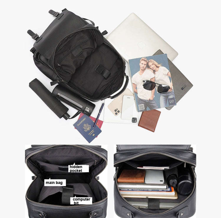 Casual Business Cowhide Leather Backpack Laptop Bag For Men(Black)