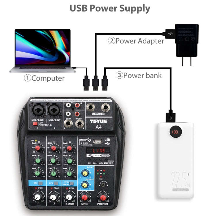 TEYUN A4 4-way Small Microphone Digital Mixer Live Recording Effector(EU Plug)