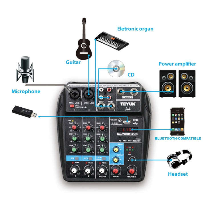 TEYUN A4 4-way Small Microphone Digital Mixer Live Recording Effector(EU Plug)