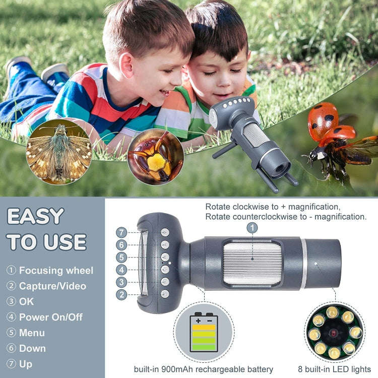 Children Camera Microscope USB Electronic Microscope Digital Magnifying Glass(Silver Gray)