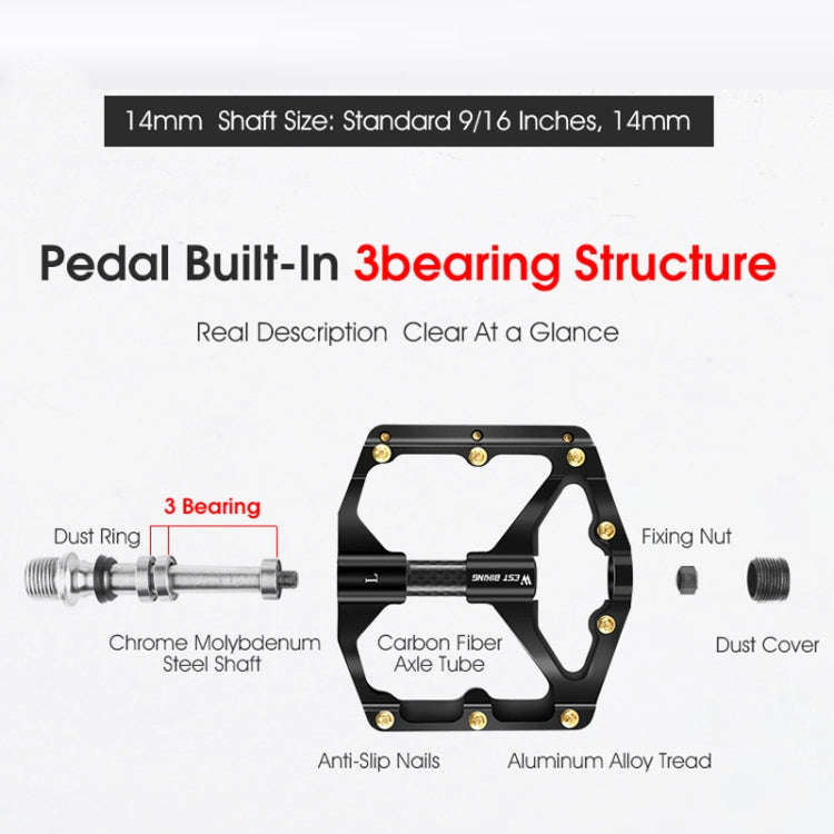 WEST BIKING 3 Bearings Ultralight Carbon Fiber Bushing Mountain Bike Pedal(Titanium)