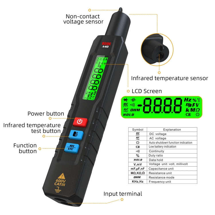 BSIDE A40 Infrared Thermometer Electric Pen Type Intelligent Multimeter VFC Inverter Voltage Test...