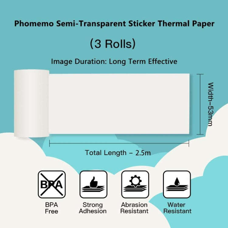 Phomemo 3rolls /Pack 50mm Translucent Bottom Black Words Self-Adhesive Printer Sensitive Label Pr...