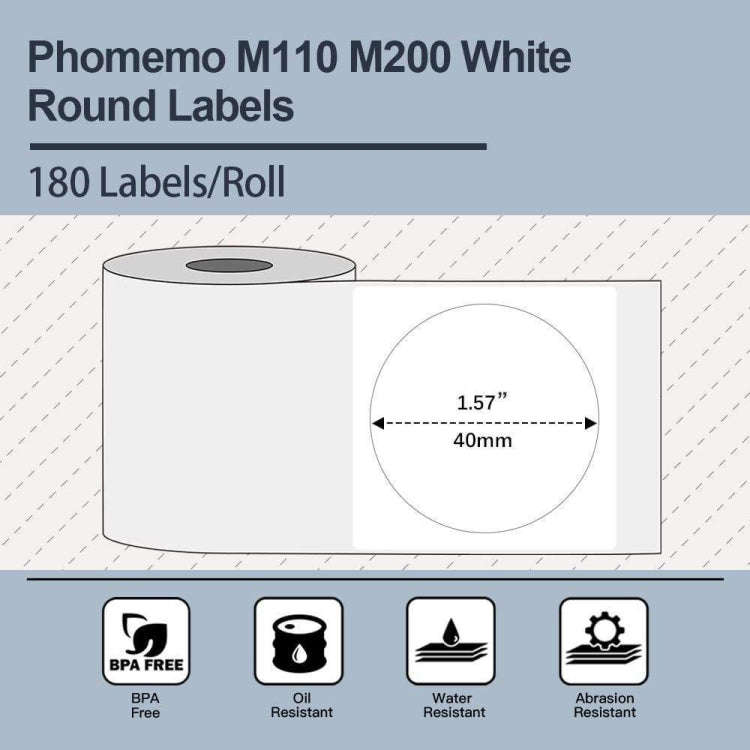 For Phomemo M110 / M200 180pcs /Roll 40x40mm Round Self-Adhesive Thermal Labels