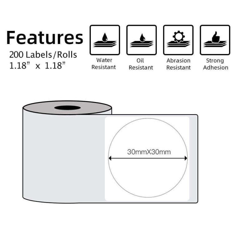 For Phomemo M110 / M200 200pcs /Roll 30x30mm Round Self-Adhesive Thermal Labels