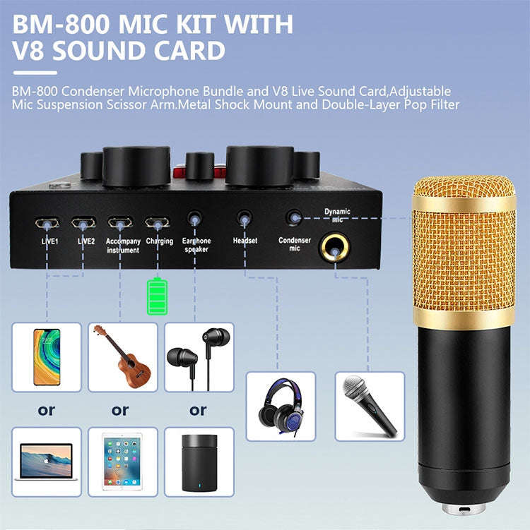 BM800+V8 Sound Card Set Audio Condenser Mic Studio Singing Microphone