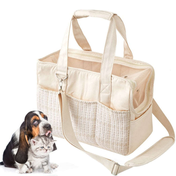 Portable Cotton Canvas Outing Shoulder Cat Bag(Beige)