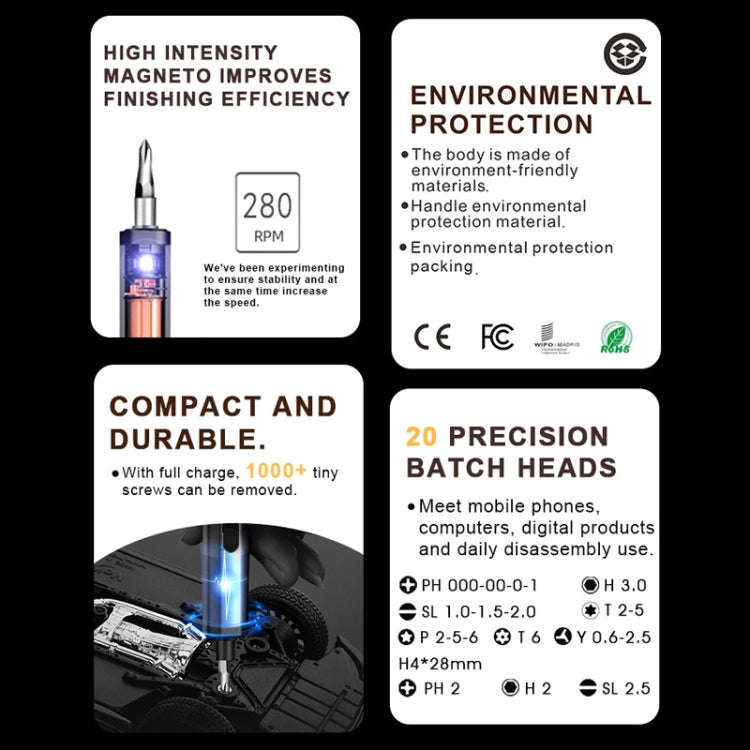 BAKU Worktop 280rpm/Min 0.35N.M Electric Screwdriver Set With 20 Bits