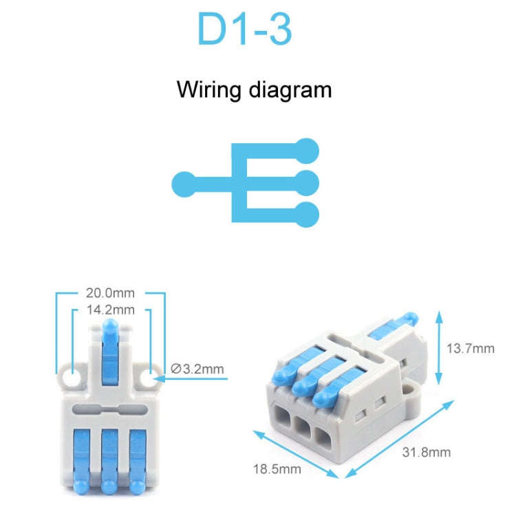 5pcs D1-3 Push Type Mini Wire Connection Splitter Quick Connect Terminal Block(Blue)