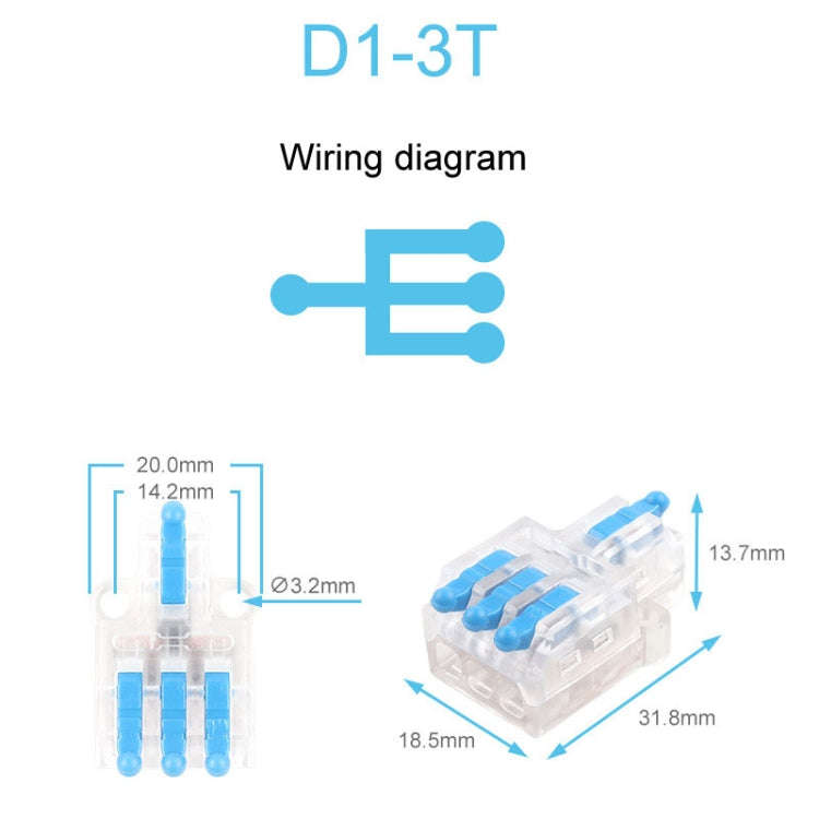 5pcs D1-3T Push Type Mini Wire Connection Splitter Quick Connect Terminal Block(Blue)