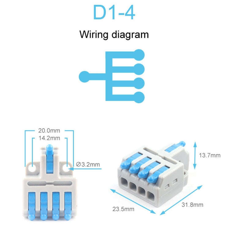 5pcs D1-4 Push Type Mini Wire Connection Splitter Quick Connect Terminal Block(Blue)