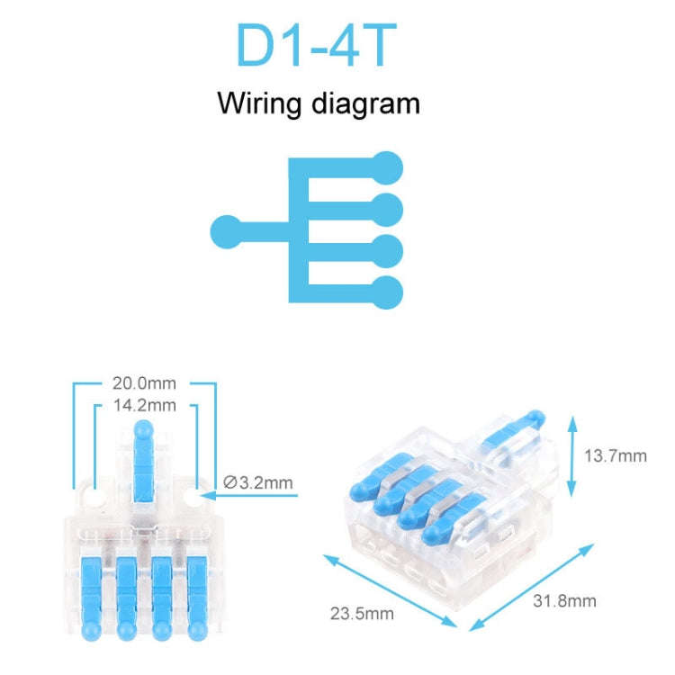 5pcs D1-4T Push Type Mini Wire Connection Splitter Quick Connect Terminal Block(Blue)