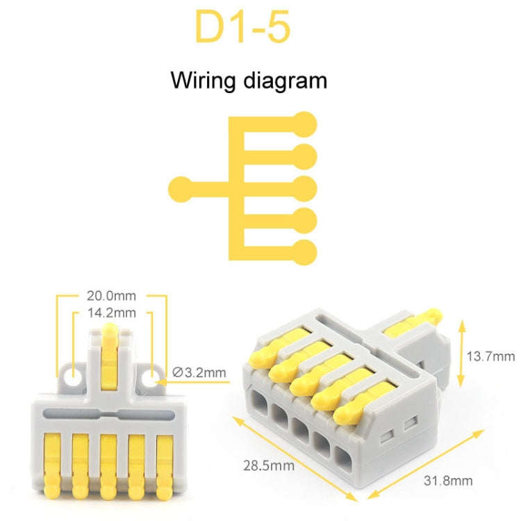 5pcs D1-5 Push Type Mini Wire Connection Splitter Quick Connect Terminal Block(Yellow)