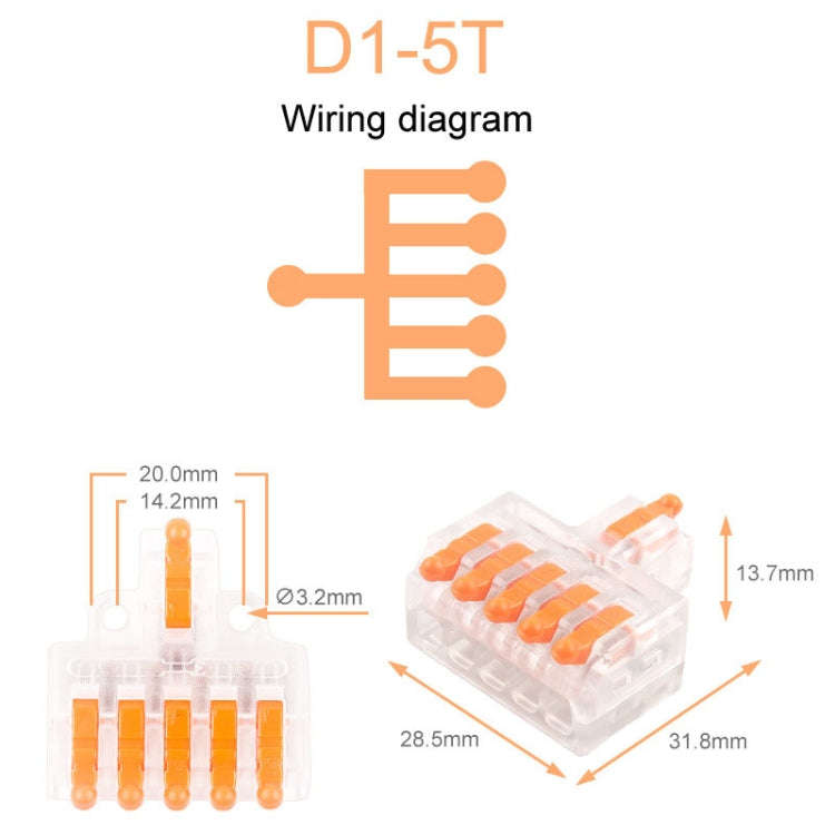 5pcs D1-5T Push Type Mini Wire Connection Splitter Quick Connect Terminal Block(Orange)