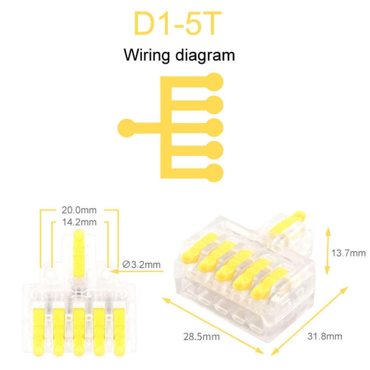 5pcs D1-5T Push Type Mini Wire Connection Splitter Quick Connect Terminal Block(Yellow)