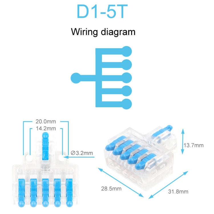 5pcs D1-5T Push Type Mini Wire Connection Splitter Quick Connect Terminal Block(Blue)