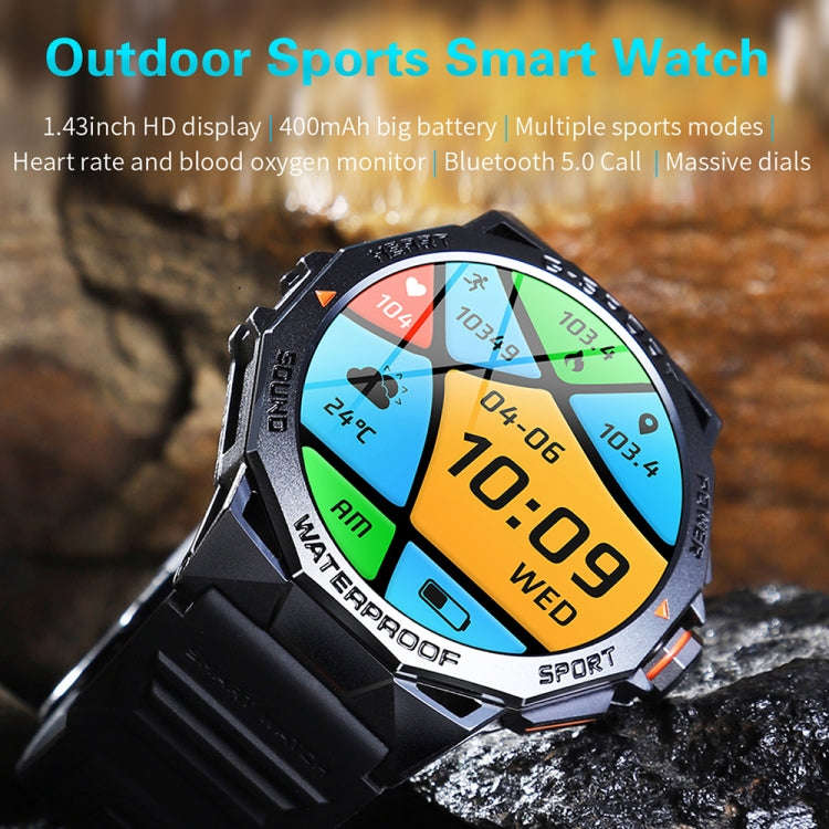 K62 1.43 Inch Waterproof Bluetooth Call Weather Music Smart Sports Watch, Color: Black Steel