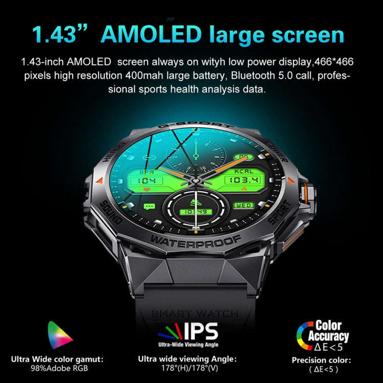 K62 1.43 Inch Waterproof Bluetooth Call Weather Music Smart Sports Watch, Color: Black Steel