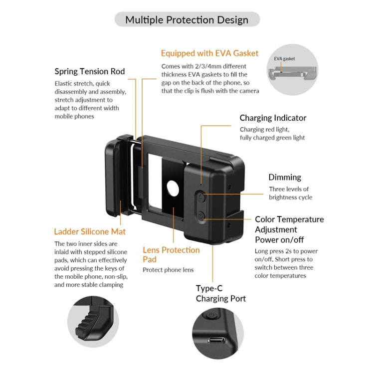 APEXEL  Multifunctional Fill Light Phone Clip With 1/4 Inch & M17 M37 Thread Tnterface APL-FL.23