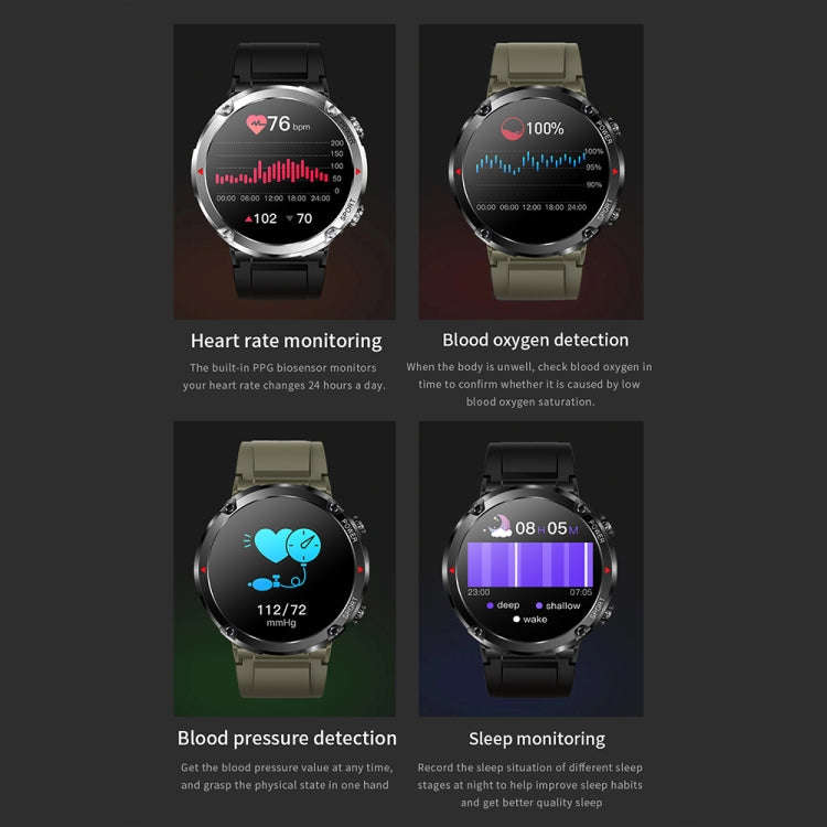 T30 1.6-inch Outdoor Sports Waterproof Smart Music Bluetooth Call Watch, Color: Black Net+Silicone