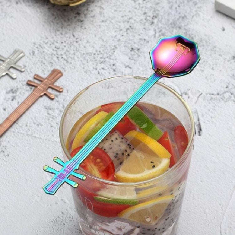 Stainless Steel Coffee Mixing Spoon Creative Musical Instrument Shape Spoon, Style:Lute, Color:Ti...