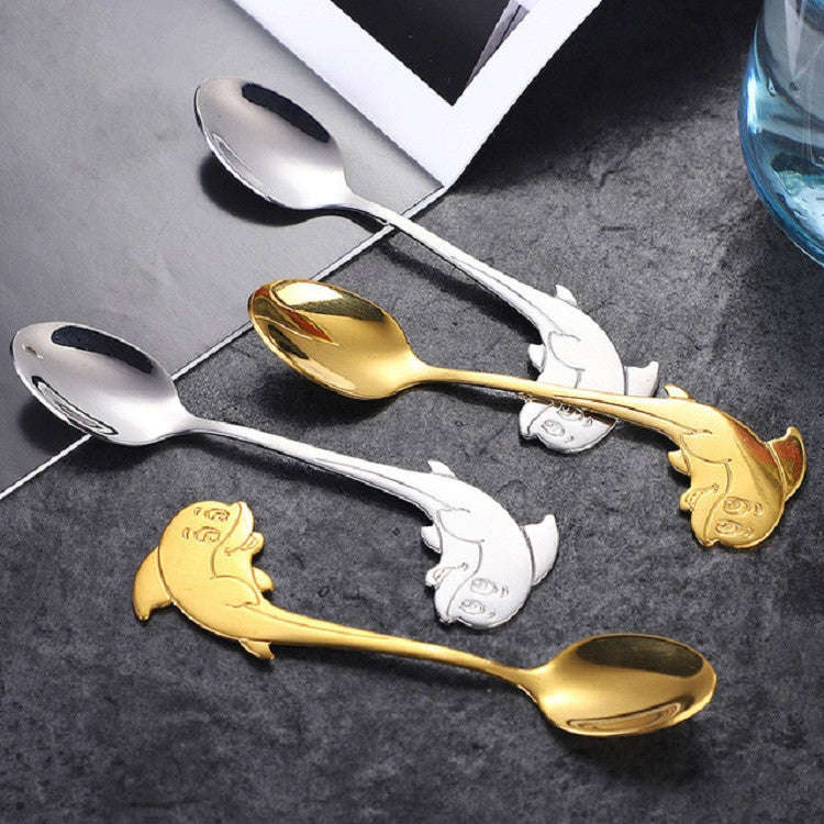 2 PCS Stainless Steel Dolphin Shape Cartoon Coffee Stirring Spoon Ice Cream Spoon Child Feeding S...