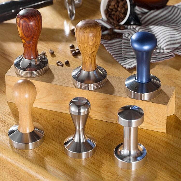 Stainless Steel Solid Wood Handle Integrated Coffee Powder, Specification:58mm, Color:Aluminum In...