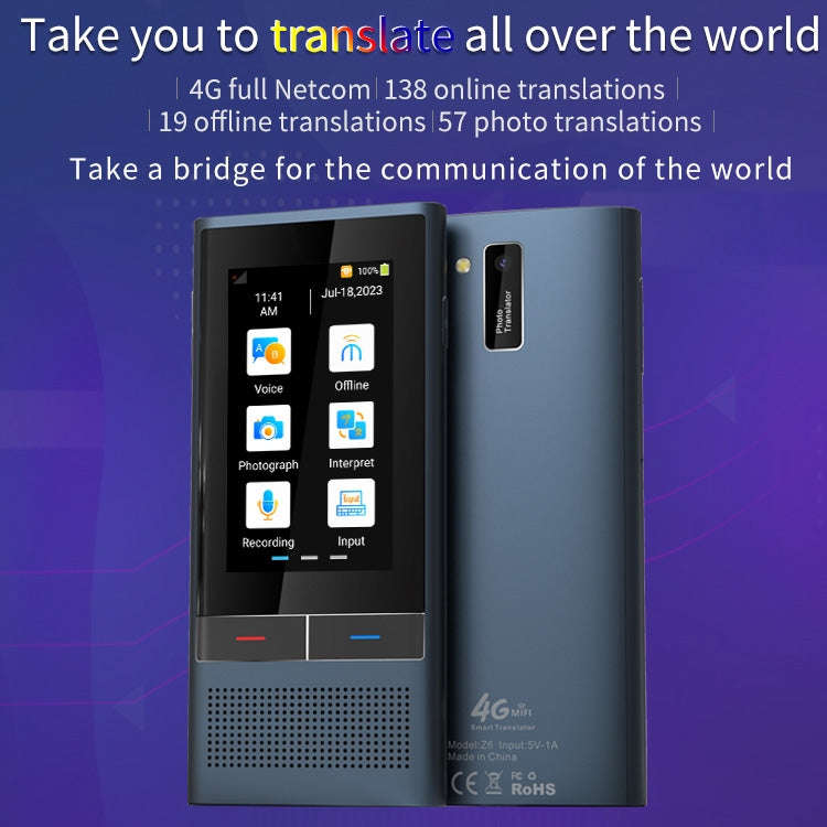 Z6 4G Version 3.1 inch Screen Smart Voice Translator for Business Travel 1GB+16GB Support 138 Lan...