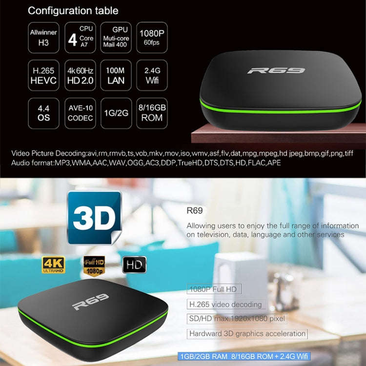 R69 1080P HD Smart TV BOX Android 4.4 Media Player with Remote Control, Quad Core Allwinner H3, R...