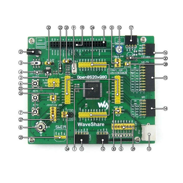 Waveshare Open8S208Q80 Standard, STM8 Development Board