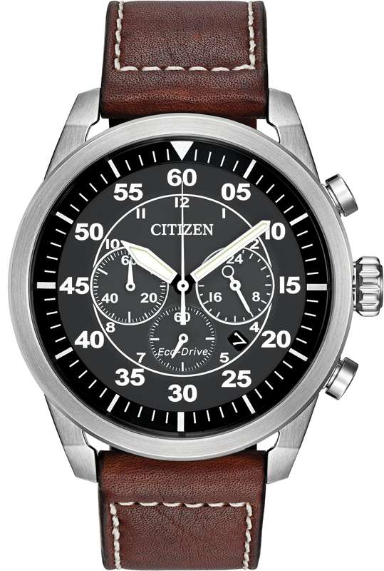 Authentic CITIZEN Eco-Drive Avion Brown Leather Chronograph Mens Watch